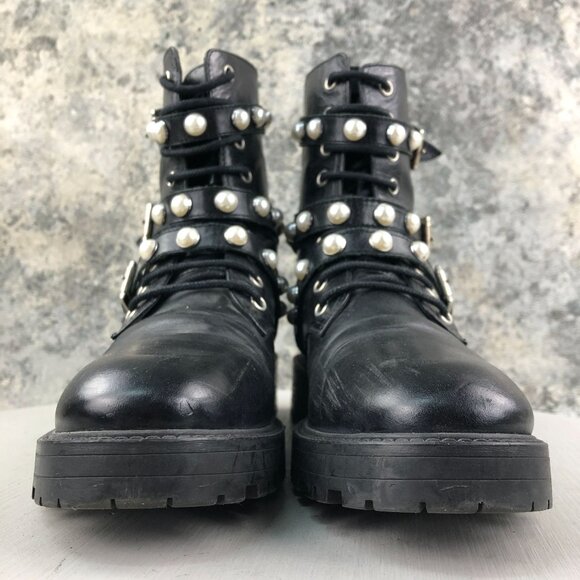 Zara Women's EU 39 Basic Collection Black Pearl Studded Lace-Up Combat Boots - Picture 2 of 15